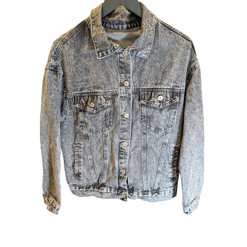 Vintage Acid Wash Denim Jacket Black Gray Trucker Jean Jacket Oversized Unisex